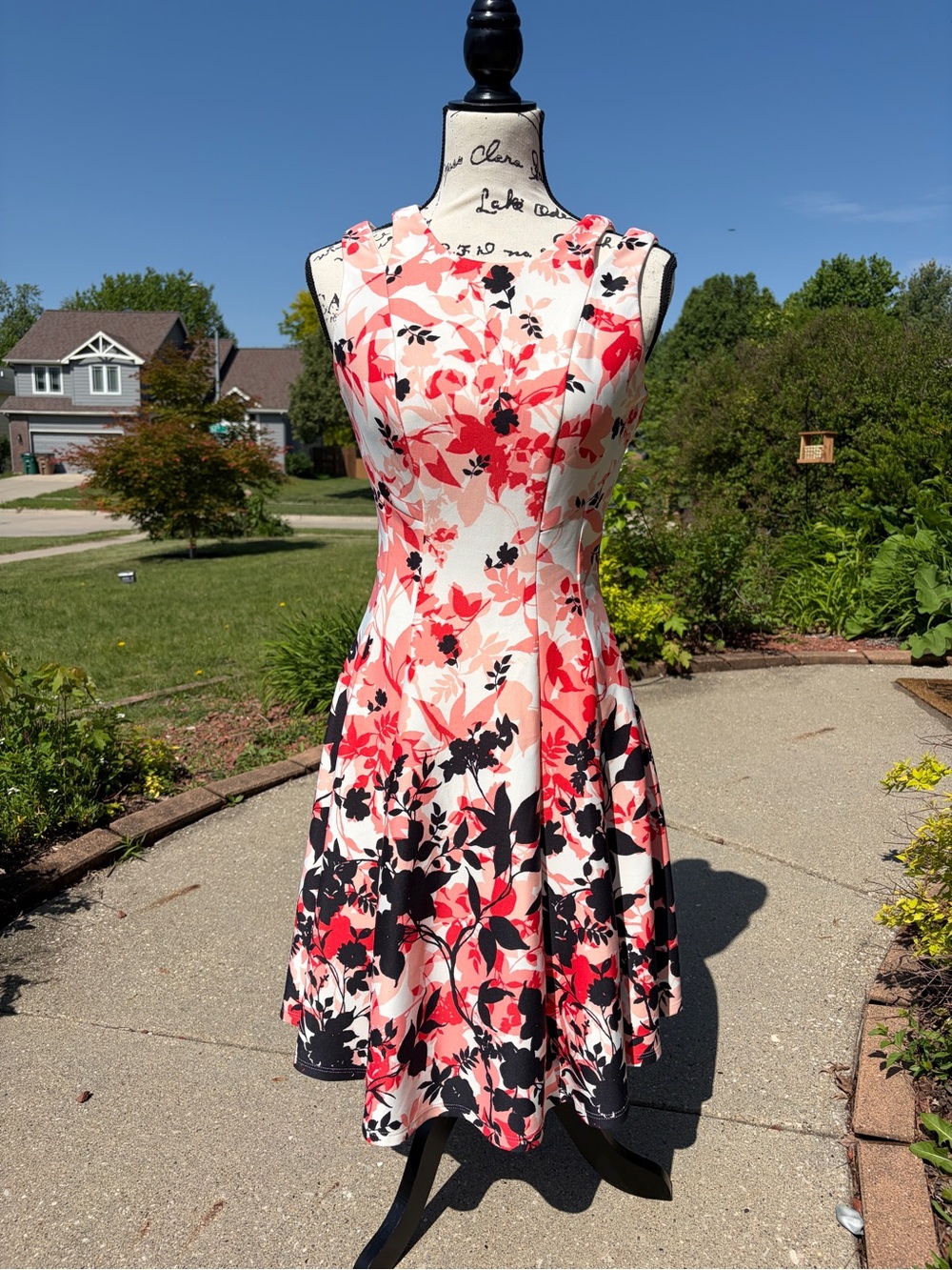 Roz & Ali Coral, Black & White Floral Fit-and-Flare Midi Dress